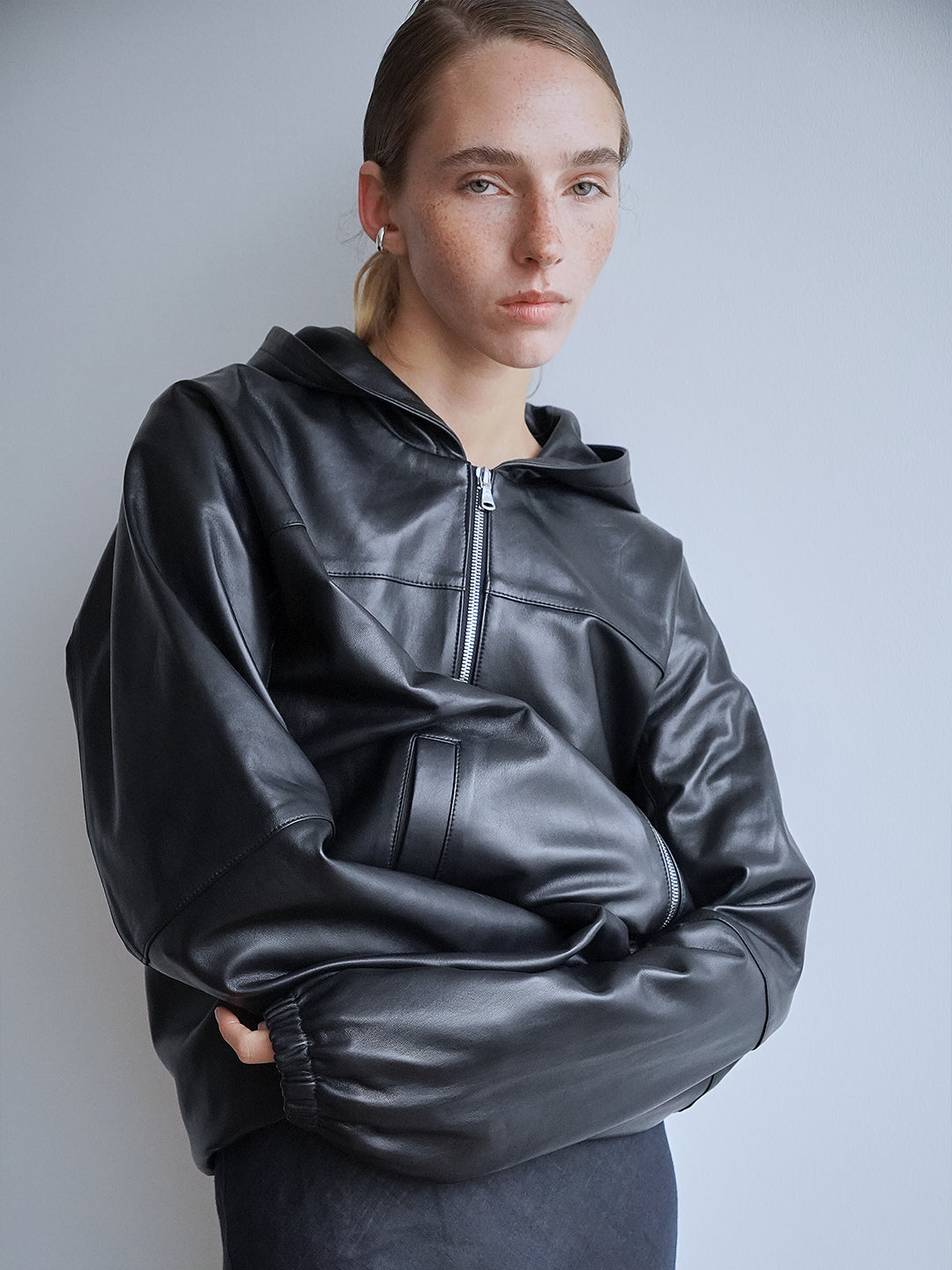 Relaxed Dolman Leather Hoodie